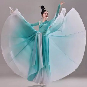 Women Green gradient chinese ancient traditional Classical dance costume girl Chinese fairy hanfu umbrella fan dance dresses